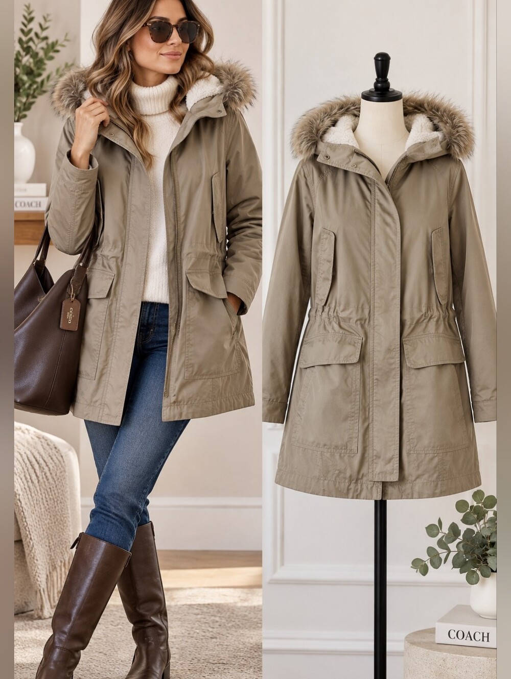 COACH 3-Season Parka Jacket Removable Quilted Liner Sherpa Hood M